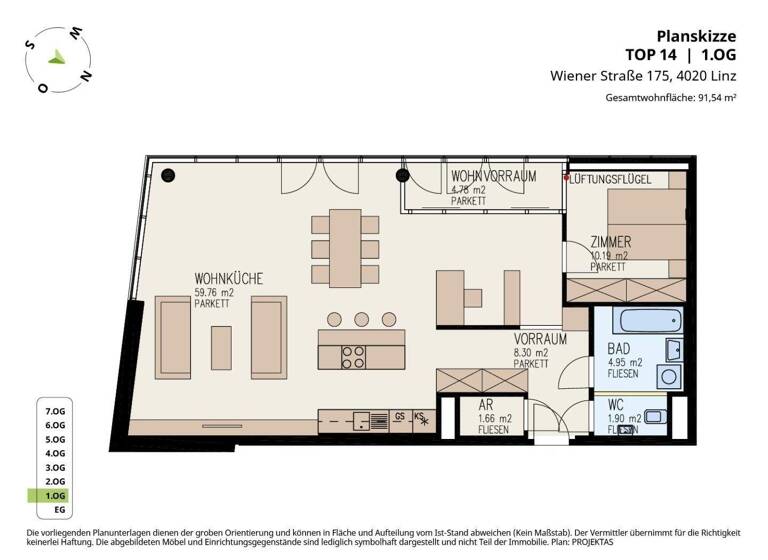 Wohnung zur Miete 903 € 2 Zimmer 91,5 m² 1. Geschoss Wiener Straße 175 Linz 4020