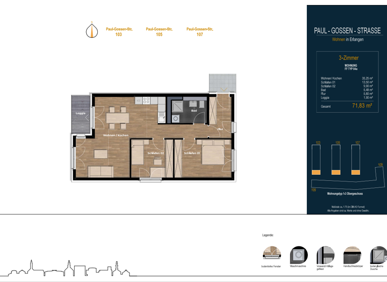 Wohnung zur Miete 1.113 € 3 Zimmer 71,8 m² 2. Geschoss frei ab sofort Paul-Gossen-Str. 105 Erlangen-Süd Erlangen 91052