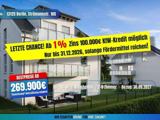 Terrassenwohnung zum Kauf - Neubau provisionsfrei als Kapitalanlage geeignet 299.900 € 2 Zimmer 59 m² Strömannstraße 105 Karow Berlin 13125