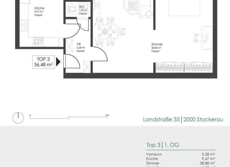 Wohnung zur Miete 509 € 2 Zimmer 56,5 m² 1. Geschoss Landstraße 35 Stockerau 2000