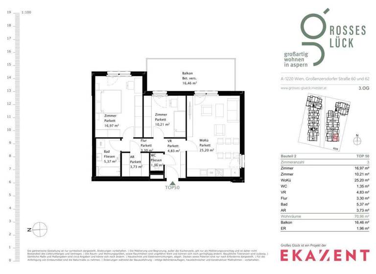 Wohnung zur Miete 1.039 € 3 Zimmer 71 m² 3. Geschoss Wien 1220