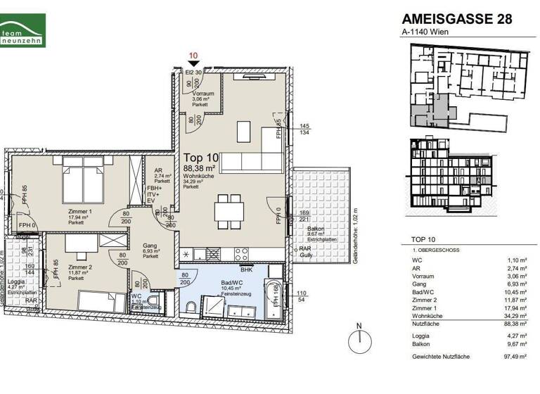 Wohnung zum Kauf - Erstbezug provisionsfrei 565.900 € 3 Zimmer 88,4 m² 1. Geschoss Ameisgasse 28 Wien 1140