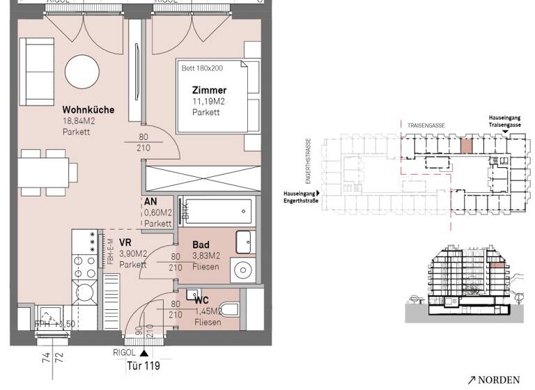 Wohnung zum Kauf - Erstbezug 319.000 € 2 Zimmer 39,8 m² 6. Geschoss frei ab 30.06.2028 Traisengasse 20-22 Wien 1200