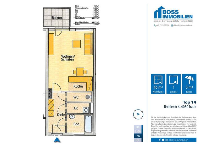 Studio zur Miete 556 € 1 Zimmer 46,4 m² 1. Geschoss frei ab 01.07.2026 Tischlerstraße 4 Traun 4050