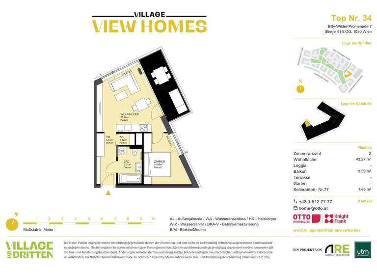 Wohnung zum Kauf - Erstbezug 385.000 € 2 Zimmer 43,3 m² 5. Geschoss Wien 1030
