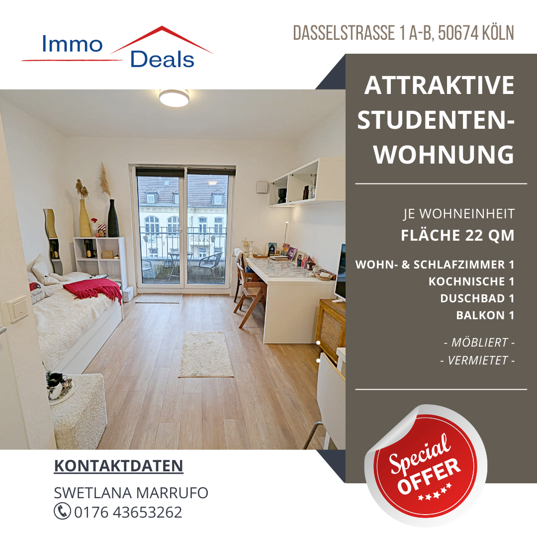 Wohnung zum Kauf als Kapitalanlage geeignet 189.000 € 1 Zimmer 22 m²<br/>Wohnfläche Dasselstraße 1 a-b Neustadt - Süd Köln 50674