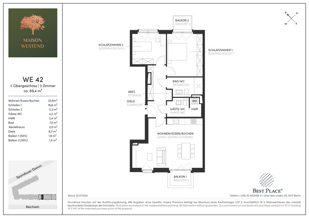 Wohnung zum Kauf 672.100 € 3 Zimmer 89,4 m²<br/>Wohnfläche 1.<br/>Geschoss Reichsstraße 57 Westend Berlin 14052