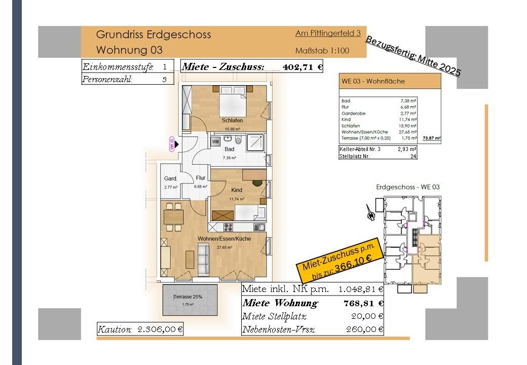 Wohnung zur Miete 403 € 3 Zimmer 73,9 m²<br/>Wohnfläche EG<br/>Geschoss Am Pittingerfeld 3 Wörth Wörth an der Donau 93086