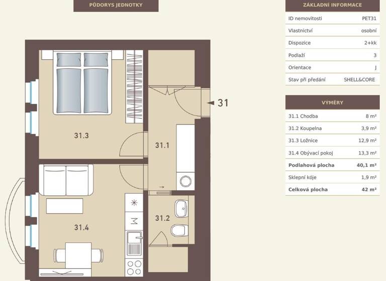 Wohnung zum Kauf 280.000 € 2 Zimmer 40 m² 3. Geschoss Prag 16900