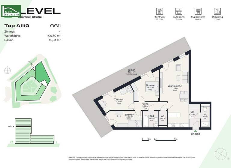 Wohnung zur Miete - Erstbezug 1.271 € 4 Zimmer 100,8 m² 11. Geschoss frei ab 01.05.2026 Kärntner Straße 1 Gries Graz 8020