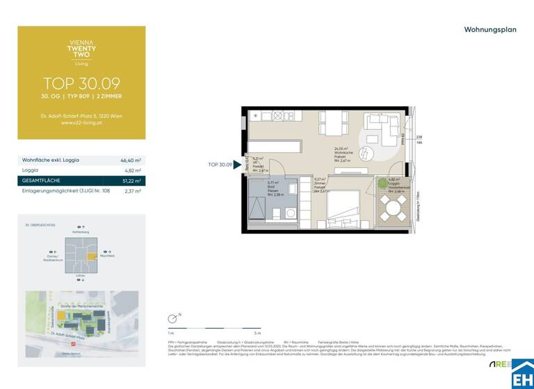 Wohnung zum Kauf - Erstbezug 407.279 € 2 Zimmer 46,4 m² 30. Geschoss Doktor-Adolf-Schärf-Platz Wien 1220