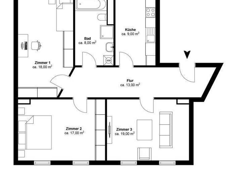 Wohnung zur Miete 1.270 € 3 Zimmer 90,5 m² 3. Geschoss Viertelsweg 45 Gohlis-Nord Leipzig / Gohlis-Nord 04155