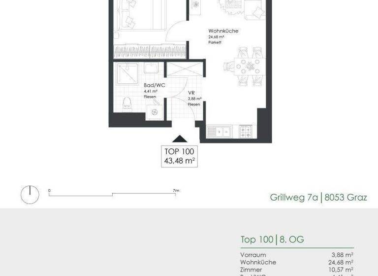 Wohnung zur Miete 427 € 2 Zimmer 43,5 m² 8. Geschoss frei ab 01.07.2026 Grillweg 7a Straßgang Graz 8053
