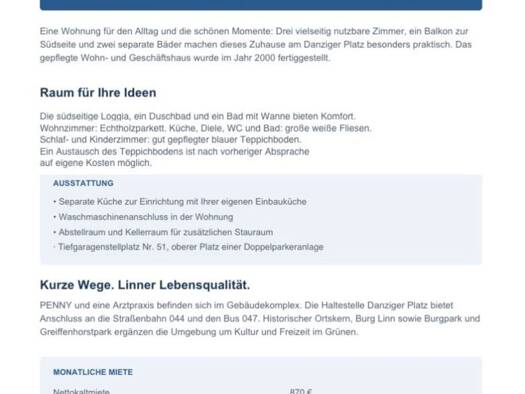 Wohnung zur Miete 870 € 3 Zimmer 83 m² frei ab 01.12.2026 Hafenstraße 15 Linn Krefeld 47809