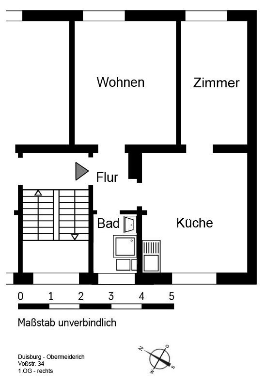 Wohnung zur Miete 359 € 2 Zimmer 44 m²<br/>Wohnfläche 1.<br/>Geschoss Voßstraße 34 Obermeiderich Duisburg 47137