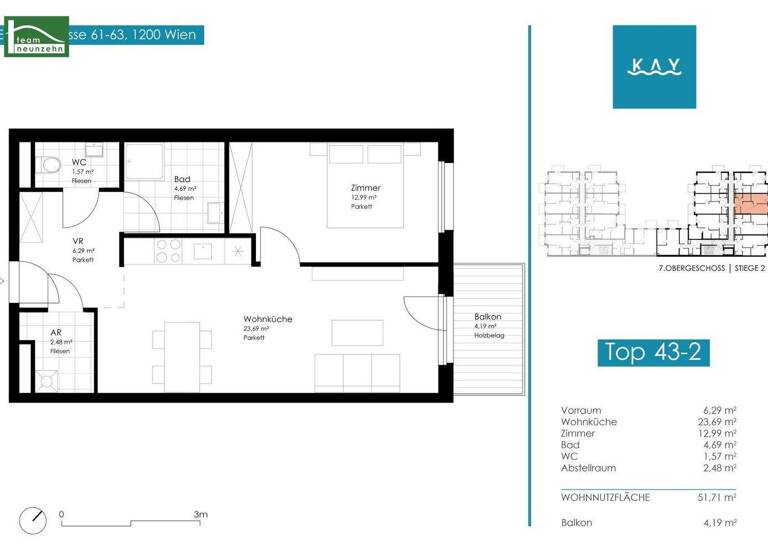 Wohnung zur Miete 854 € 2 Zimmer 51,7 m² 7. Geschoss frei ab 01.07.2026 Engerthstraße 61-63 Wien 1200