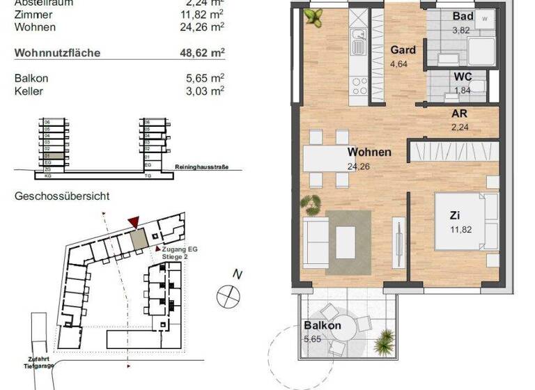 Wohnung zur Miete 547 € 2 Zimmer 48,6 m² 1. Geschoss frei ab 01.03.2026 Reininghausstraße 10 Eggenberg Graz 8020