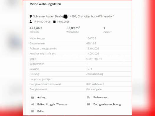 Wohnung zur Miete Tauschwohnung 473 € 1 Zimmer 33 m² 6. Geschoss Westend Berlin 14197