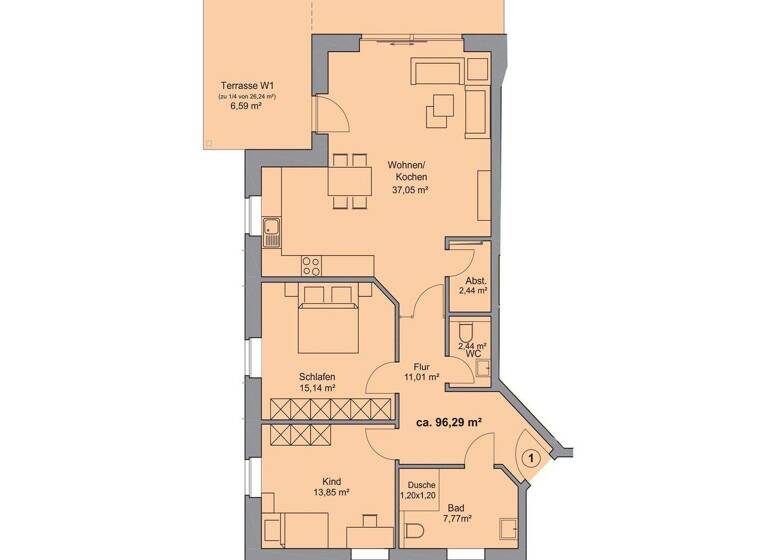 Wohnung zur Miete - Erstbezug 1.200 € 3 Zimmer 96,3 m² EG frei ab 01.04.2026 Westerkappeln 49492