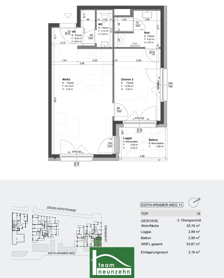 Wohnung zum Kauf provisionsfrei 284.452 € 2 Zimmer 50,9 m²<br/>Wohnfläche 3.<br/>Geschoss Edith Kramer Weg 11 Wien 1220