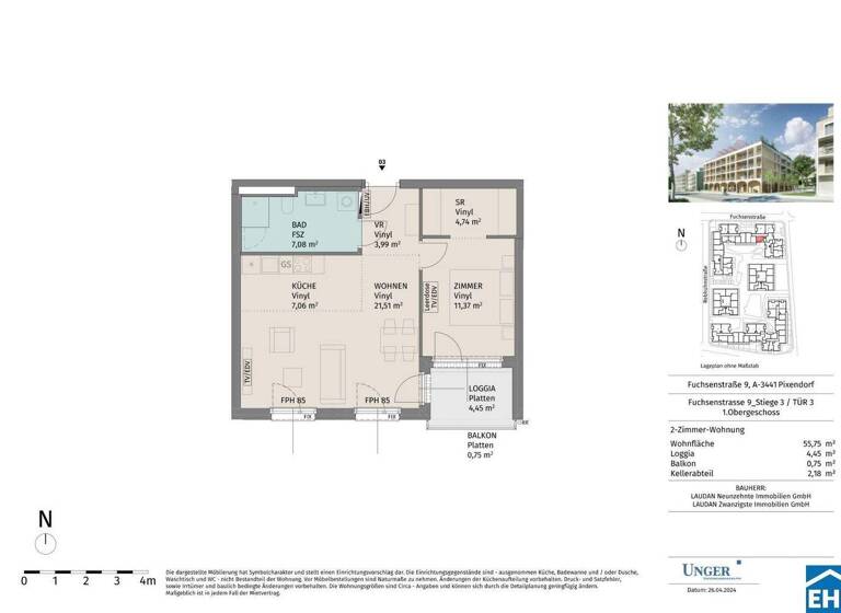 Wohnung zur Miete - Erstbezug 600 € 2 Zimmer 55,8 m² 1. Geschoss Fuchsenstraße Pixendorf 3451