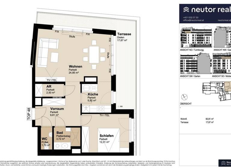 Wohnung zur Miete 1.309 € 2 Zimmer 60,8 m² 6. Geschoss Mollardgasse Wien,Mariahilf 1060