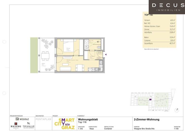 Wohnung zur Miete 372 € 2 Zimmer 33,9 m² 1. Geschoss Lend Graz 8020
