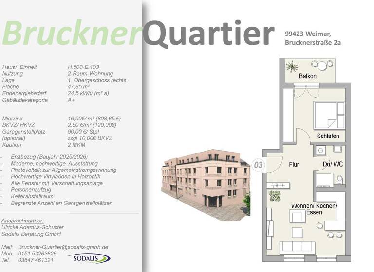 Wohnung zur Miete 809 € 2 Zimmer 47,9 m² 1. Geschoss frei ab 01.04.2026 Brucknerstraße 2a Westvorstadt Weimar 99423