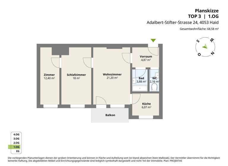 Wohnung zur Miete 482 € 3 Zimmer 69,1 m² 1. Geschoss Adalbert-Stifter-Straße 24 Haid 4053