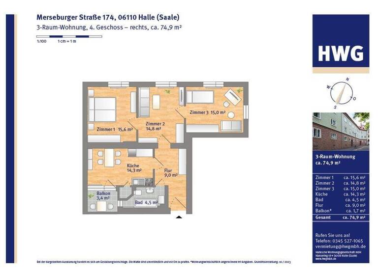 Wohnung zur Miete 573 € 3 Zimmer 76,3 m² 4. Geschoss Merseburger Straße 174 Damaschkestraße Halle 06110