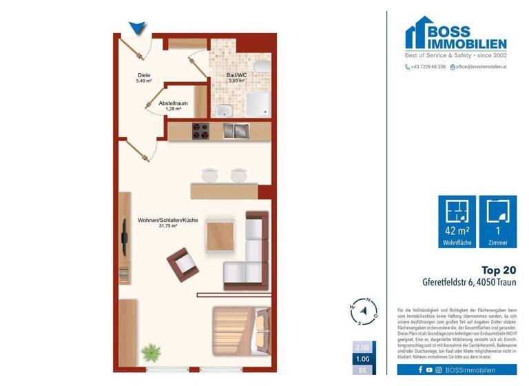 Studio zur Miete 376 € 1 Zimmer 42,5 m² 1. Geschoss frei ab 01.03.2026 Gferetfeldstraße 6 Traun 4050