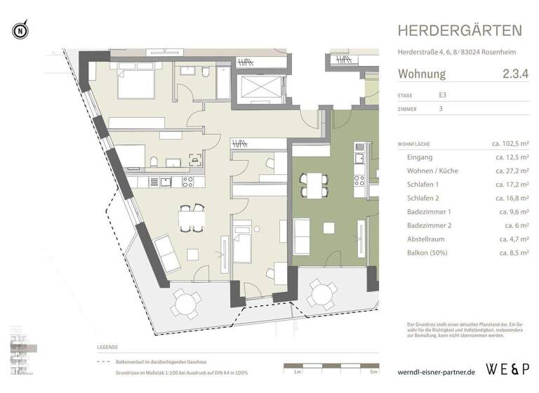 Wohnung zum Kauf - Erstbezug provisionsfrei 840.000 € 3 Zimmer 102 m² 3. Geschoss Herderstraße 4, 6, 8 West Rosenheim 83024