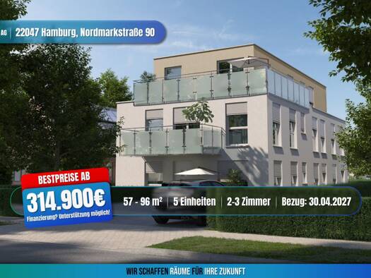 Terrassenwohnung zum Kauf - Erstbezug provisionsfrei als Kapitalanlage geeignet 314.900 € 2 Zimmer 57 m² Nordmarkstraße 90 Tonndorf Hamburg 22047