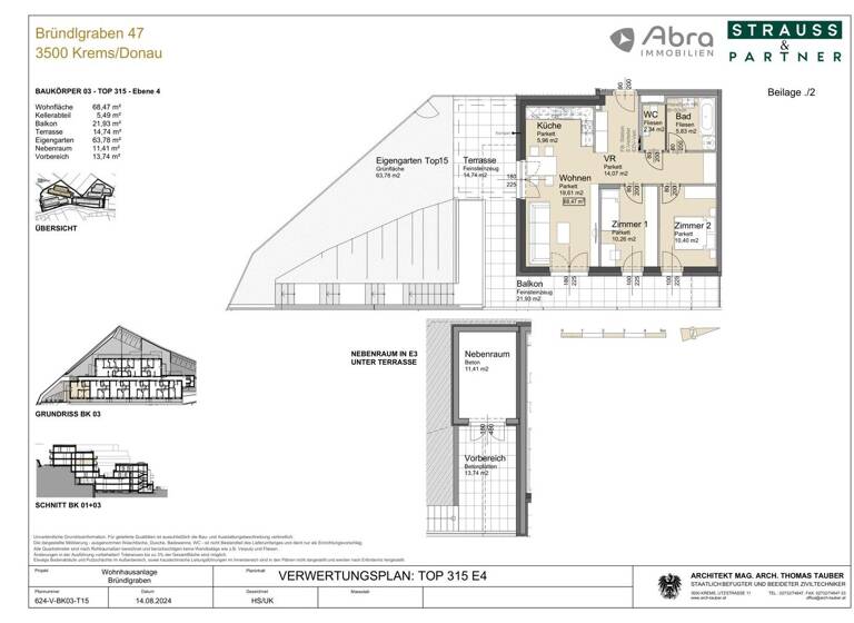 Wohnung zur Miete - Erstbezug 1.192 € 3 Zimmer 68,5 m² 1. Geschoss Bründlgraben 45A Krems an der Donau 3500
