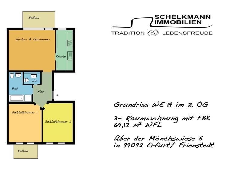 Wohnung zum Kauf 138.000 € 3 Zimmer 69,1 m² 2. Geschoss Über der Mönchswiese 5 Frienstedt Erfurt 99092