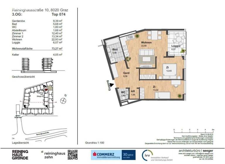 Wohnung zur Miete 789 € 3 Zimmer 73,3 m² 3. Geschoss frei ab 01.04.2026 Eggenberg Graz,14.Bez.:Eggenberg 8020