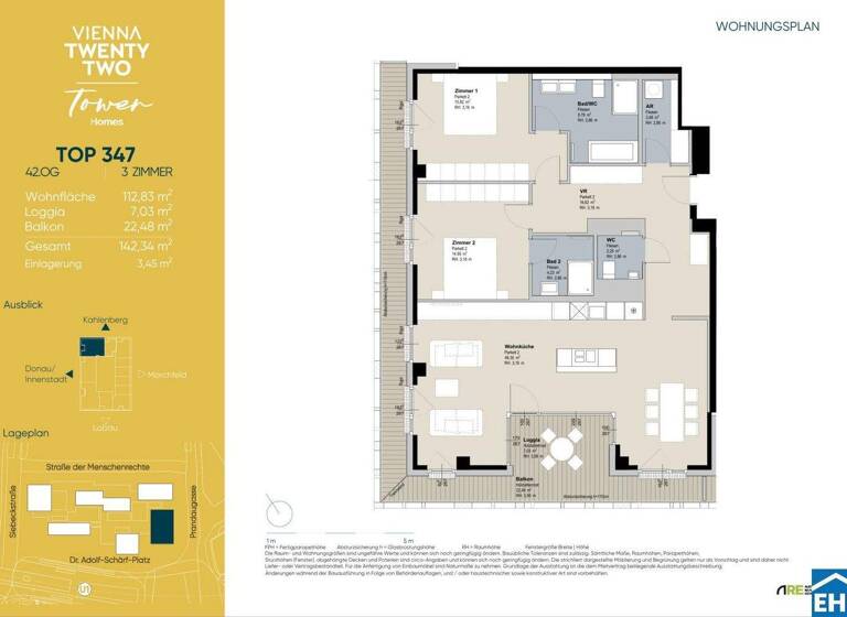 Wohnung zur Miete - Erstbezug 2.641 € 3 Zimmer 112,8 m² 42. Geschoss frei ab 01.04.2026 Wien 1220