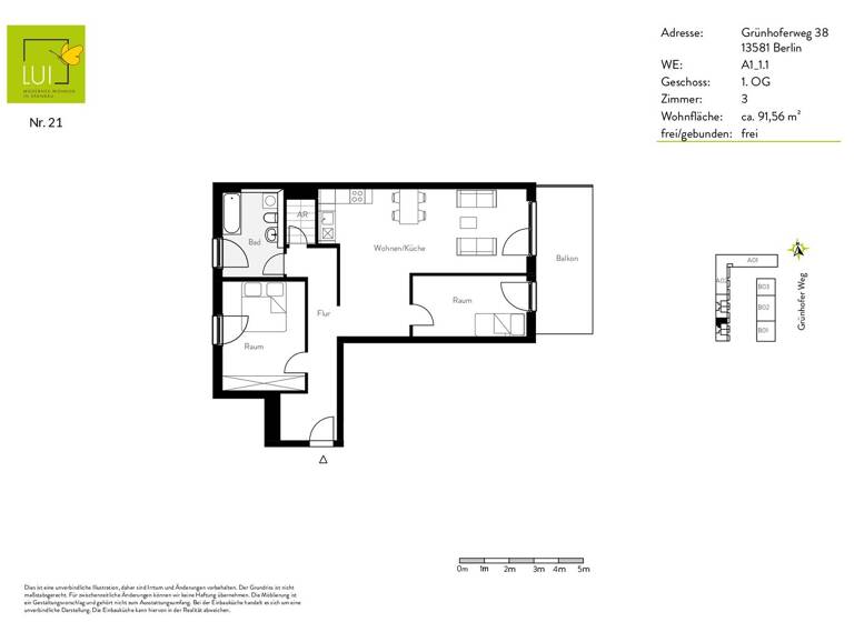 Wohnung zur Miete 1.434 € 3 Zimmer 92,5 m² 1. Geschoss Grünhofer Weg 38 Spandau Berlin 13581