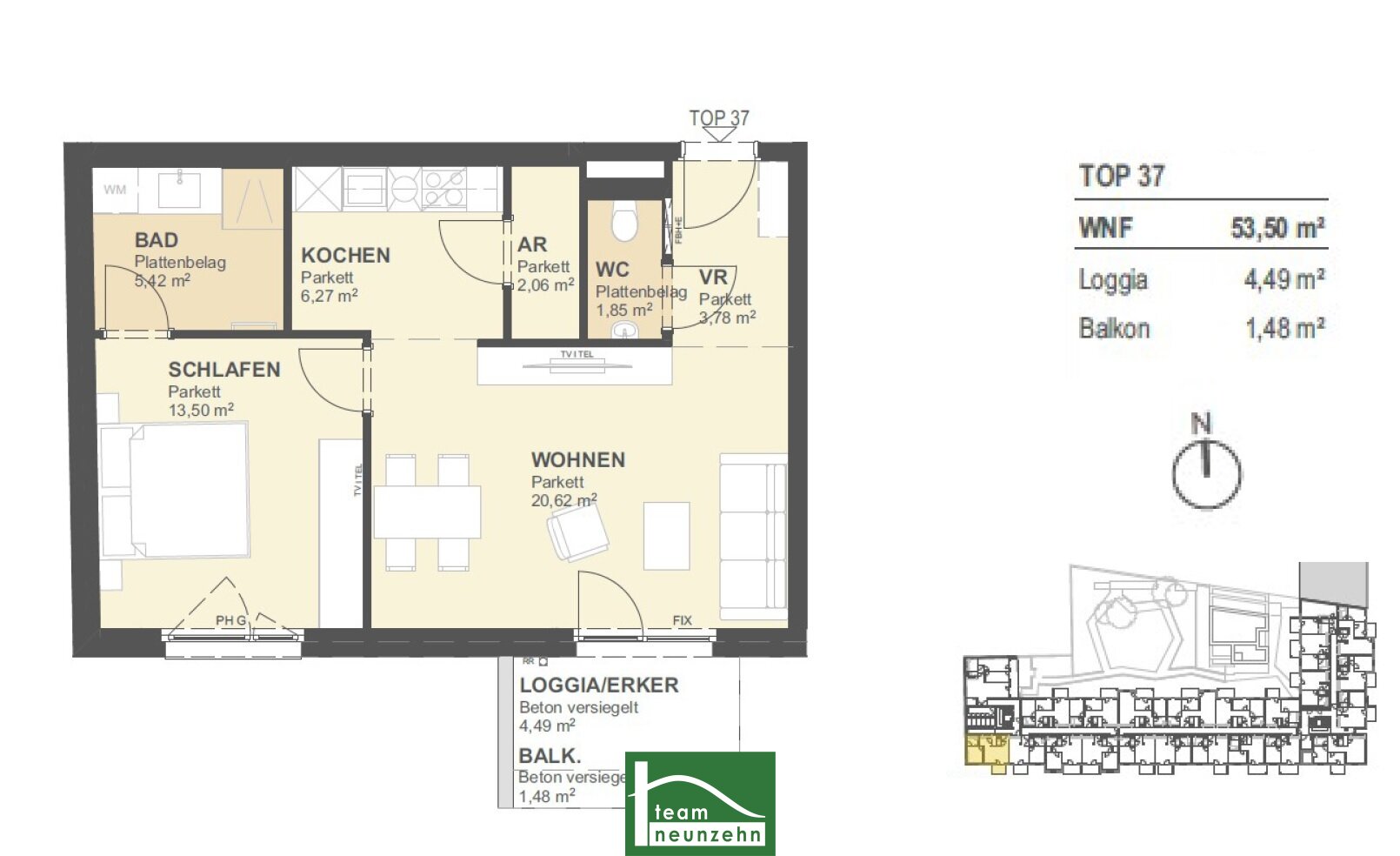 Wohnung zum Kauf provisionsfrei 356.700 € 2 Zimmer 53,7 m²<br/>Wohnfläche 6.<br/>Geschoss Arakawastraße 3 Wien 1220