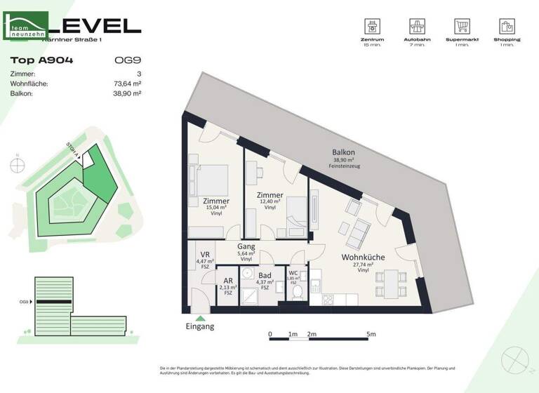 Wohnung zur Miete - Erstbezug 951 € 3 Zimmer 73,6 m² 9. Geschoss frei ab 01.05.2026 Kärntner Straße 1 Gries Graz 8020