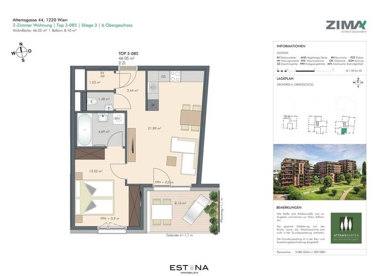 Wohnung zum Kauf - Erstbezug 378.325 € 2 Zimmer 46,1 m² 6. Geschoss Attemsgasse Wien 1220