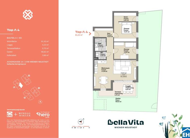 Wohnung zum Kauf - Erstbezug 389.900 € 3 Zimmer 81,4 m² EG Ackergasse Wiener Neustadt 2700