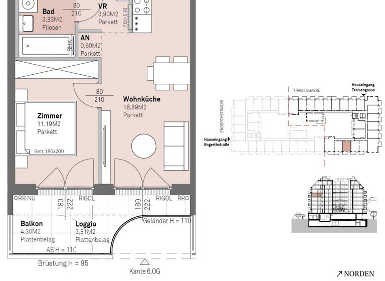 Wohnung zum Kauf - Erstbezug 328.000 € 2 Zimmer 39,9 m² 5. Geschoss frei ab 30.06.2028 Traisengasse 20-22 Wien 1200