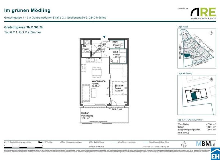 Wohnung zum Kauf - Erstbezug provisionsfrei 282.575 € 2 Zimmer 47,5 m² 1. Geschoss Grutschgasse 3b Mödling 2340