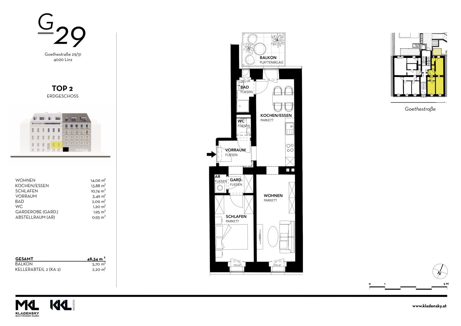 Wohnung zum Kauf 48,3 m²<br/>Wohnfläche EG<br/>Geschoss Goethestraße 29 Linz Linz 4020