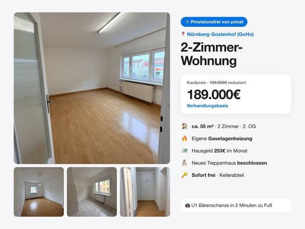 Wohnung zum Kauf provisionsfrei 189.000 € 2 Zimmer 55 m² 2. Geschoss Zickstraße 2 Gostenhof Nürnberg 90429