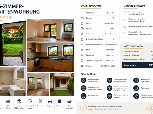 Terrassenwohnung zur Miete 968 € 2,5 Zimmer 65 m² Geschoss EG/3 frei ab 01.10.2026 Mitte Ulm 89073