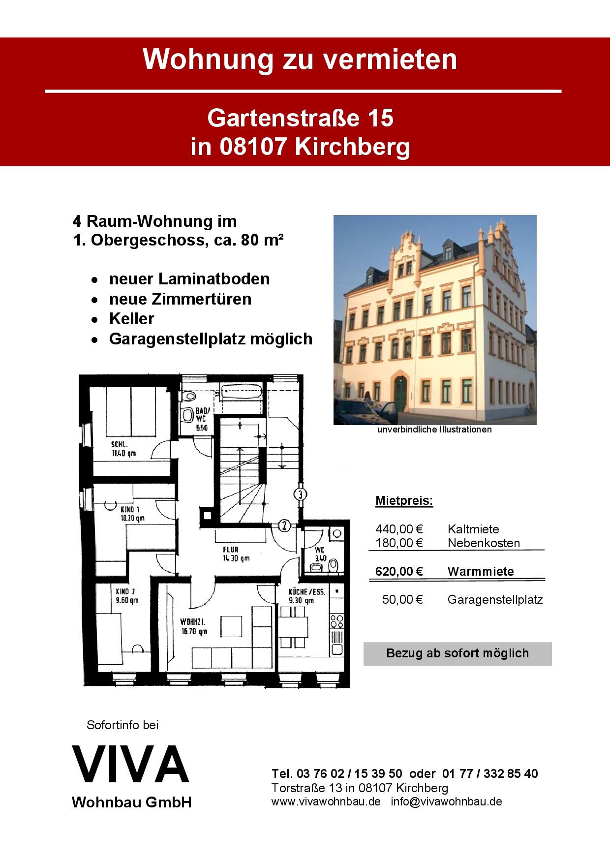 Wohnung zur Miete 440 € 4 Zimmer 80 m²<br/>Wohnfläche 1.<br/>Geschoss ab sofort<br/>Verfügbarkeit Gartenstraße 15 Kirchberg Kirchberg 08107