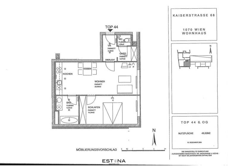 Wohnung zur Miete 997 € 2 Zimmer 49,5 m² 6. Geschoss Kaiserstraße Wien 1070
