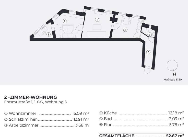 Wohnung zum Kauf provisionsfrei 177.900 € 2 Zimmer 52,7 m² 1. Geschoss Erasmusstraße 1 Moabit Berlin 10553